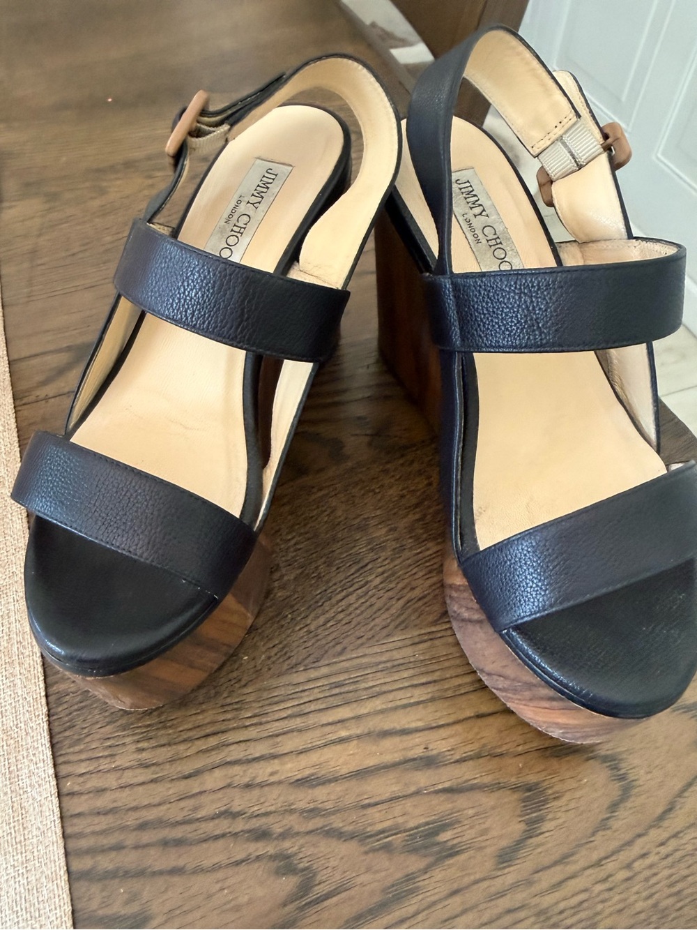Jimmy Choo Black Leather Platform Wedge Sandals